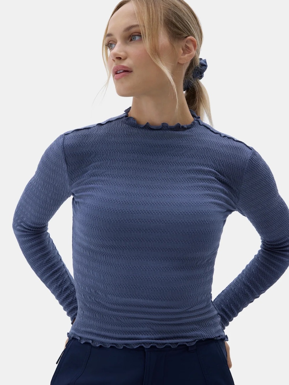 Halfdays YNES Long Sleeve Base Layer Top Small Blue Crinkle texture Apres Ski